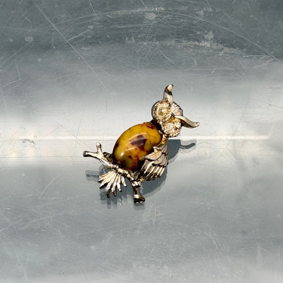 Gerry Jewelry - Gerry's Signed Vintage Owl Amber Glass Jelly Belly Brooch Pin Autumn Very Nice
